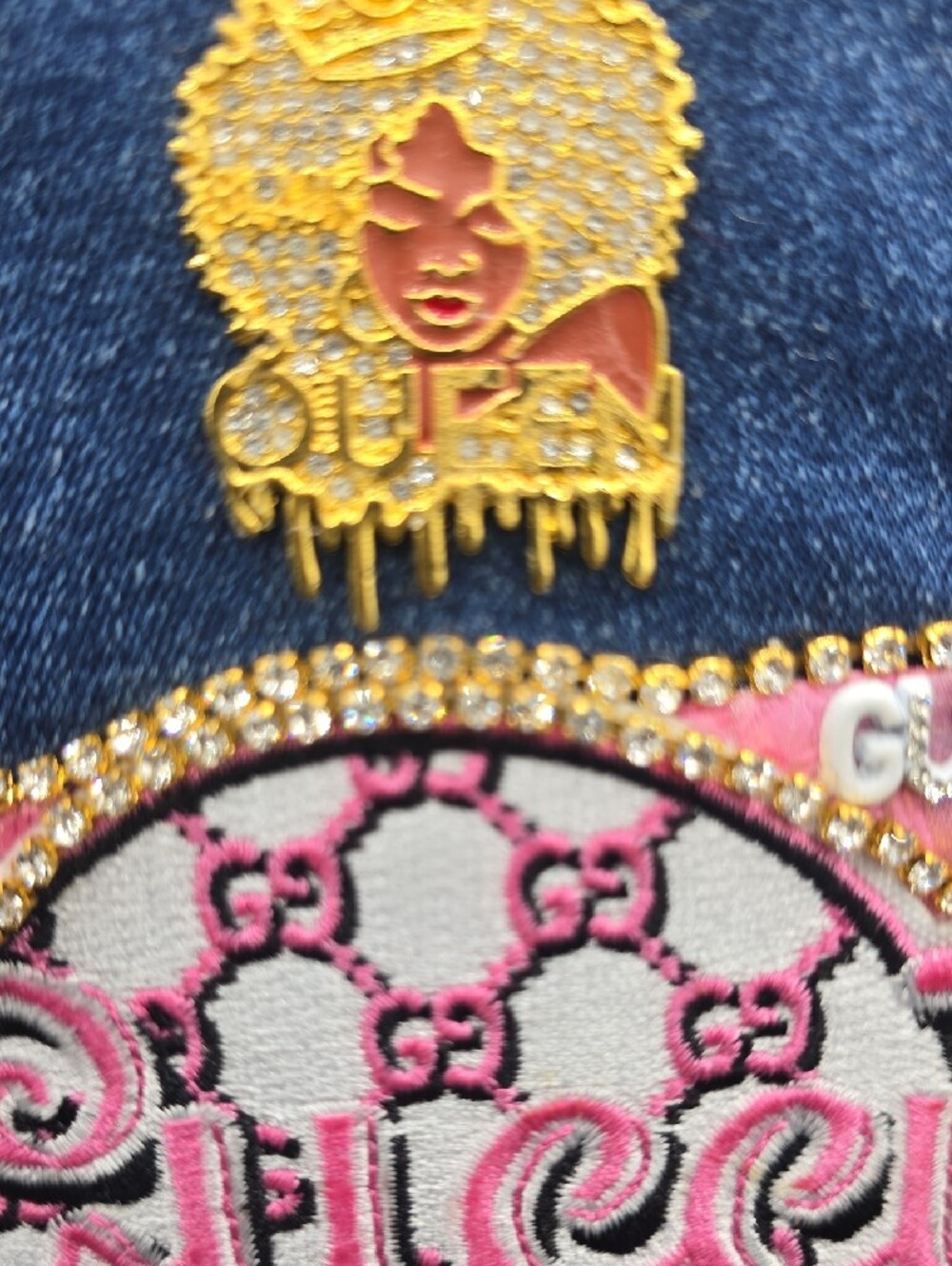 Blue Denim Tie Necklace with Pink & Gold Embellishments - Picture 3 of 4